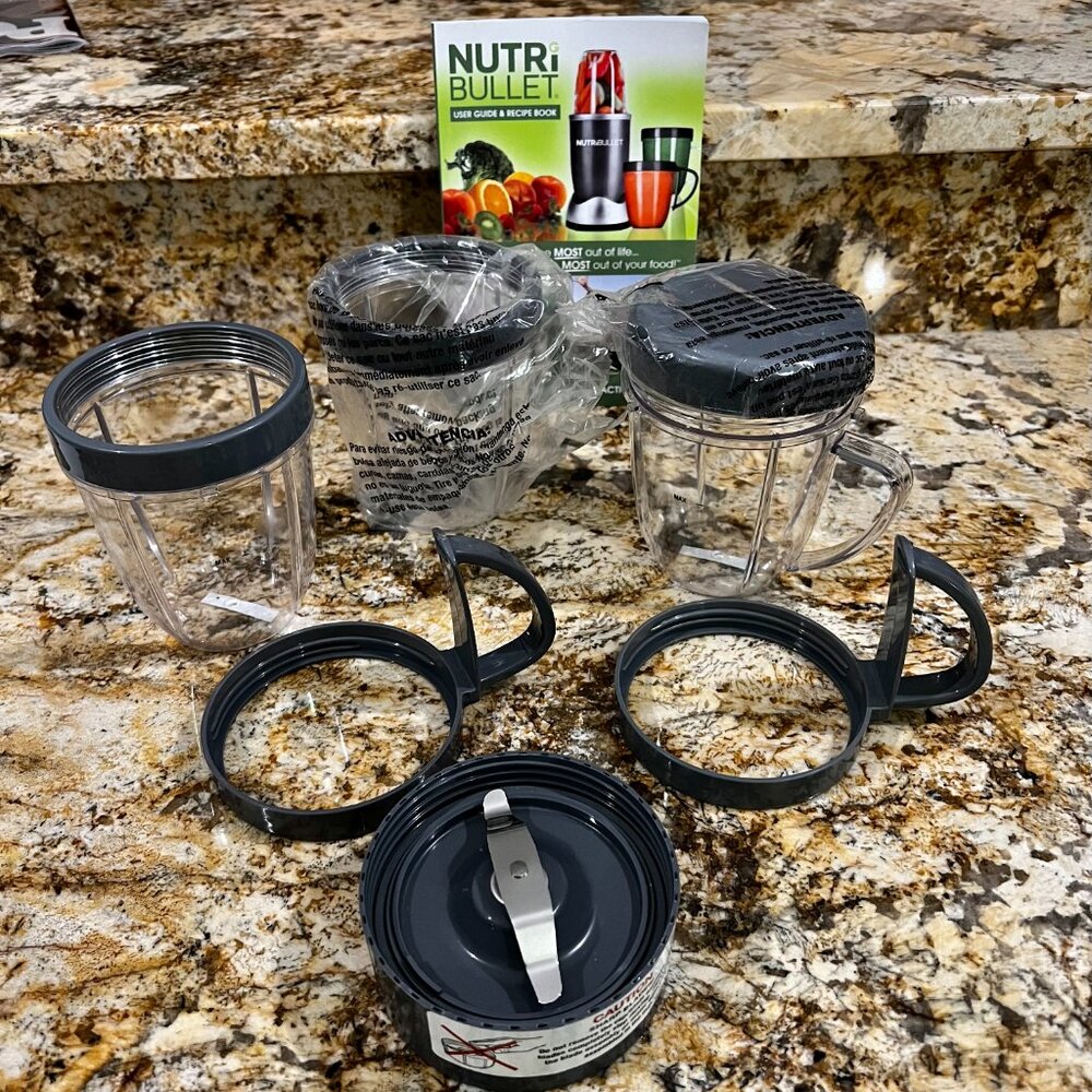 New. NutriBullet 3 18oz Short Cups 2 Handle Lid Rims 1 Mixer Blade 1